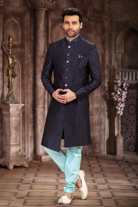 Buy Men's Blue Art Silk Printed Sherwani Set Online