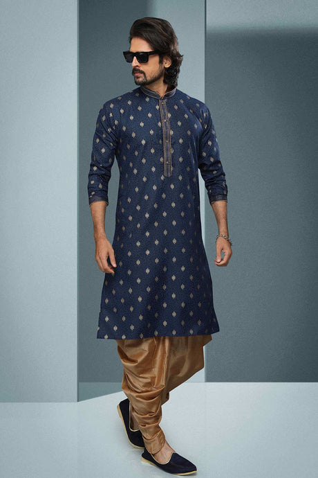 Buy Blue Silk Embroidered Kurta Dhoti Set Online - Karmaplace