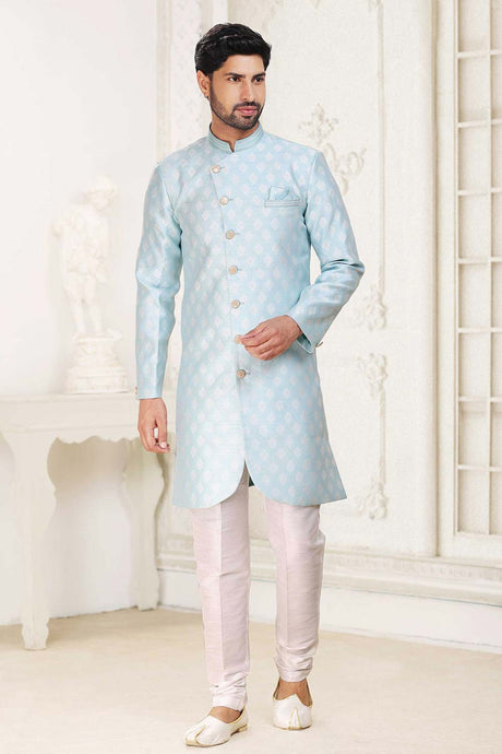 Buy Men's Sky Blue Art Silk Banarasi Jacquard Sherwani Set Online