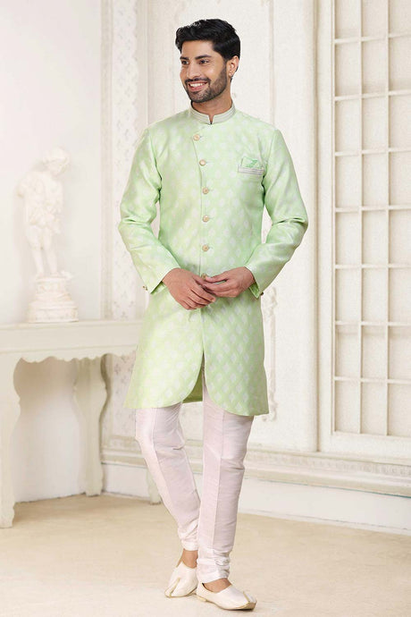 Buy Men's Pista Green Art Silk Banarasi Jacquard Sherwani Set Online