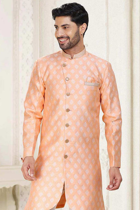 Buy Men's Rani Colour Art Silk Printed Sherwani Set Online - Back