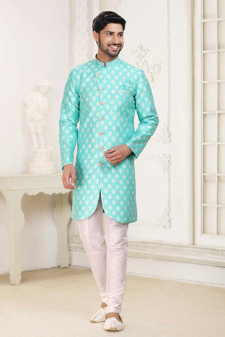 Buy Men's Green Art Silk Banarasi Jacquard Sherwani Set Online