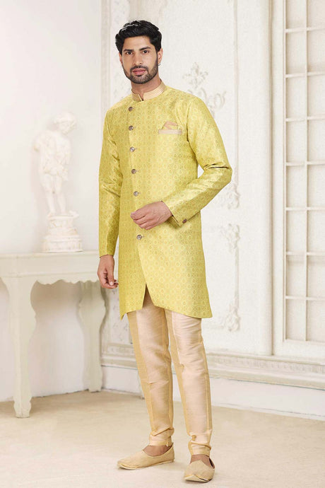 Buy Men's Musturd Yellow Art Silk Banarasi Jacquard Sherwani Set Online