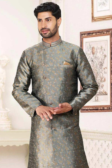 Buy Men's Sky Blue Art Silk Banarasi Jacquard Sherwani Set Online - Back