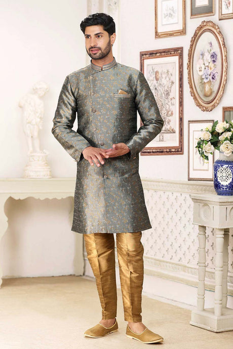 Buy Men's Grey Art Silk Banarasi Jacquard Sherwani Set Online