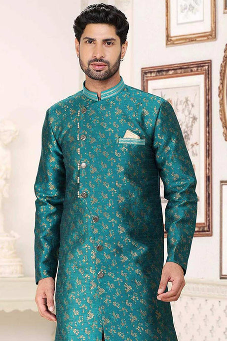 Buy Men's Pista Green Art Silk Banarasi Jacquard Sherwani Set Online - Back
