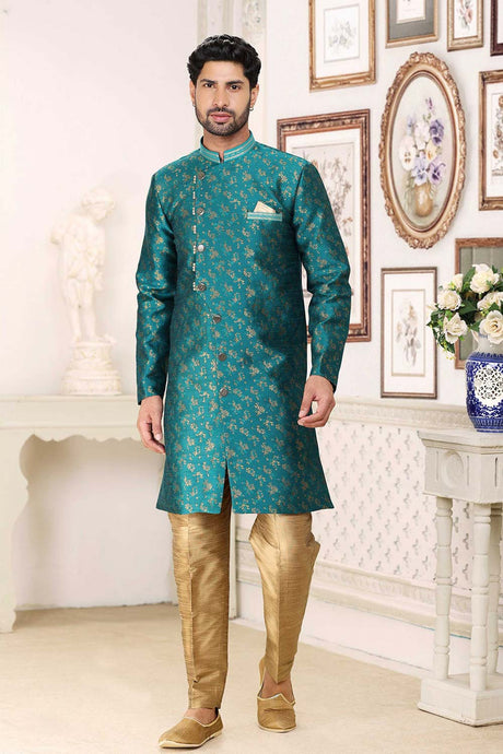Buy Men's Green Art Silk Banarasi Jacquard Sherwani Set Online
