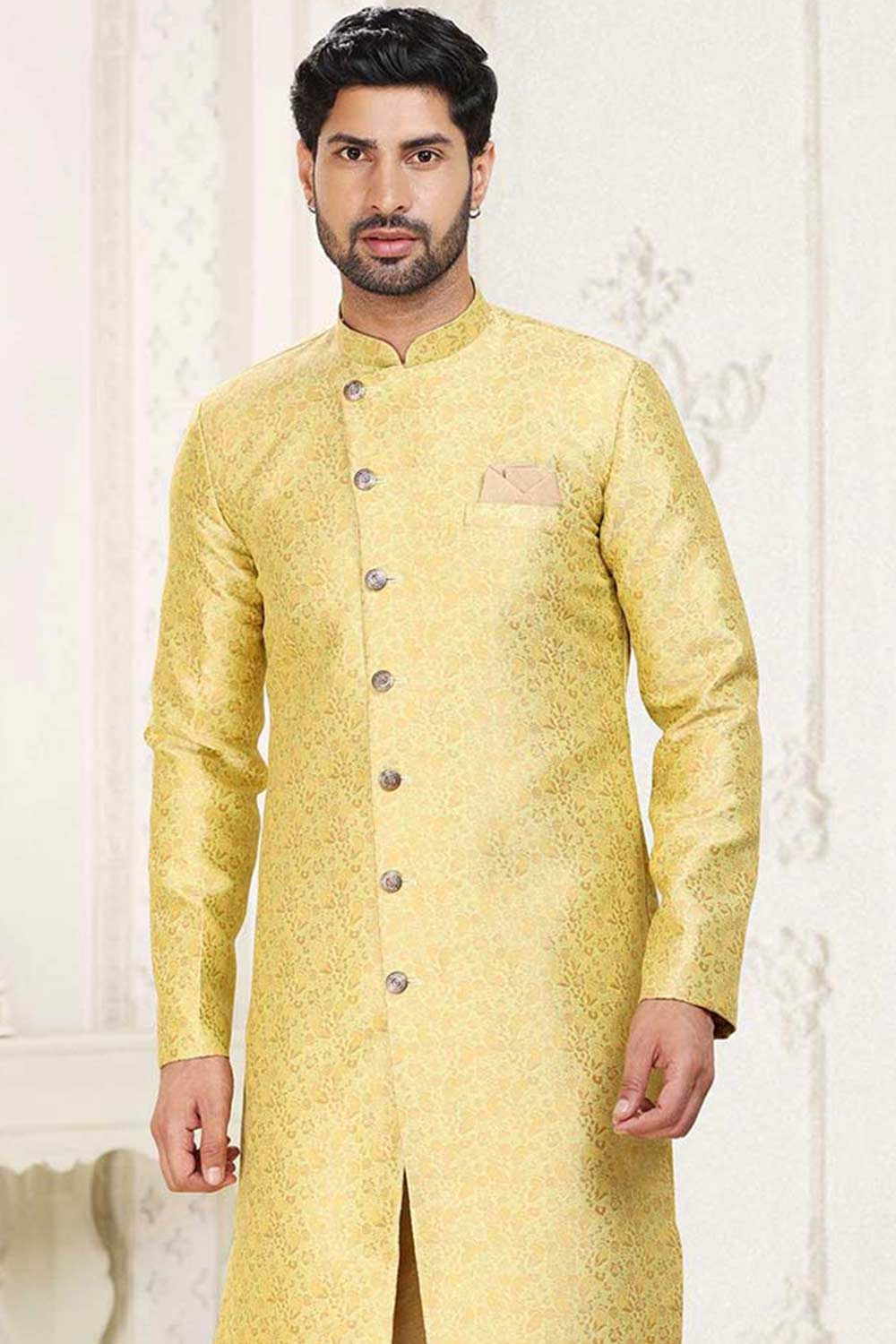 Buy Men's Musturd Yellow Art Silk Banarasi Jacquard Sherwani Set Online - Back