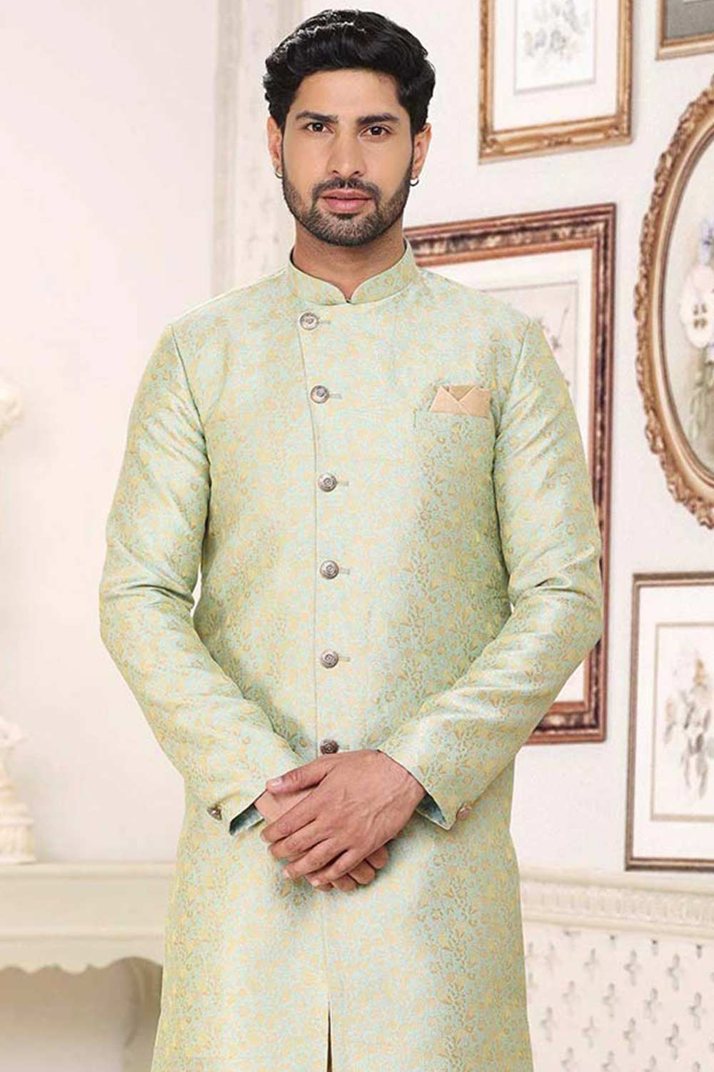 Buy Men's Pista Green Art Silk Banarasi Jacquard Sherwani Set Online - Back