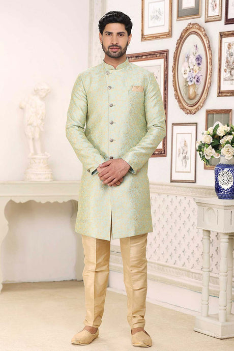 Buy Men's Pista Green Art Silk Banarasi Jacquard Sherwani Set Online