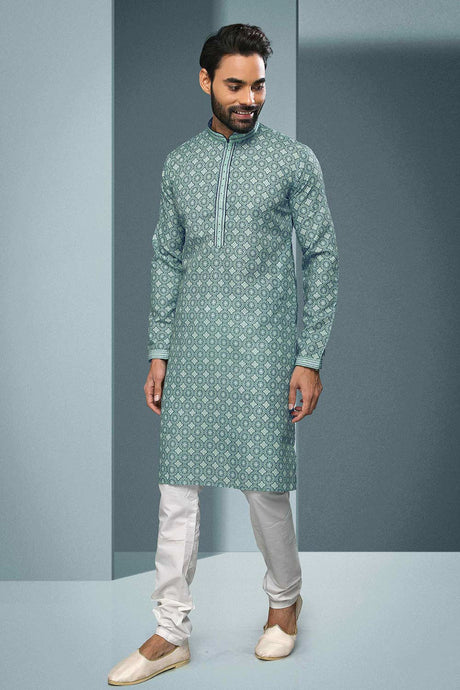 Buy Green Silk Embroidered Kurta Pajama Online - Karmaplace