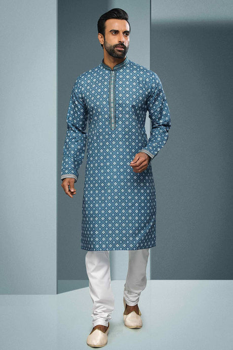 Buy Blue Silk Embroidered Kurta Pajama Online - Karmaplace
