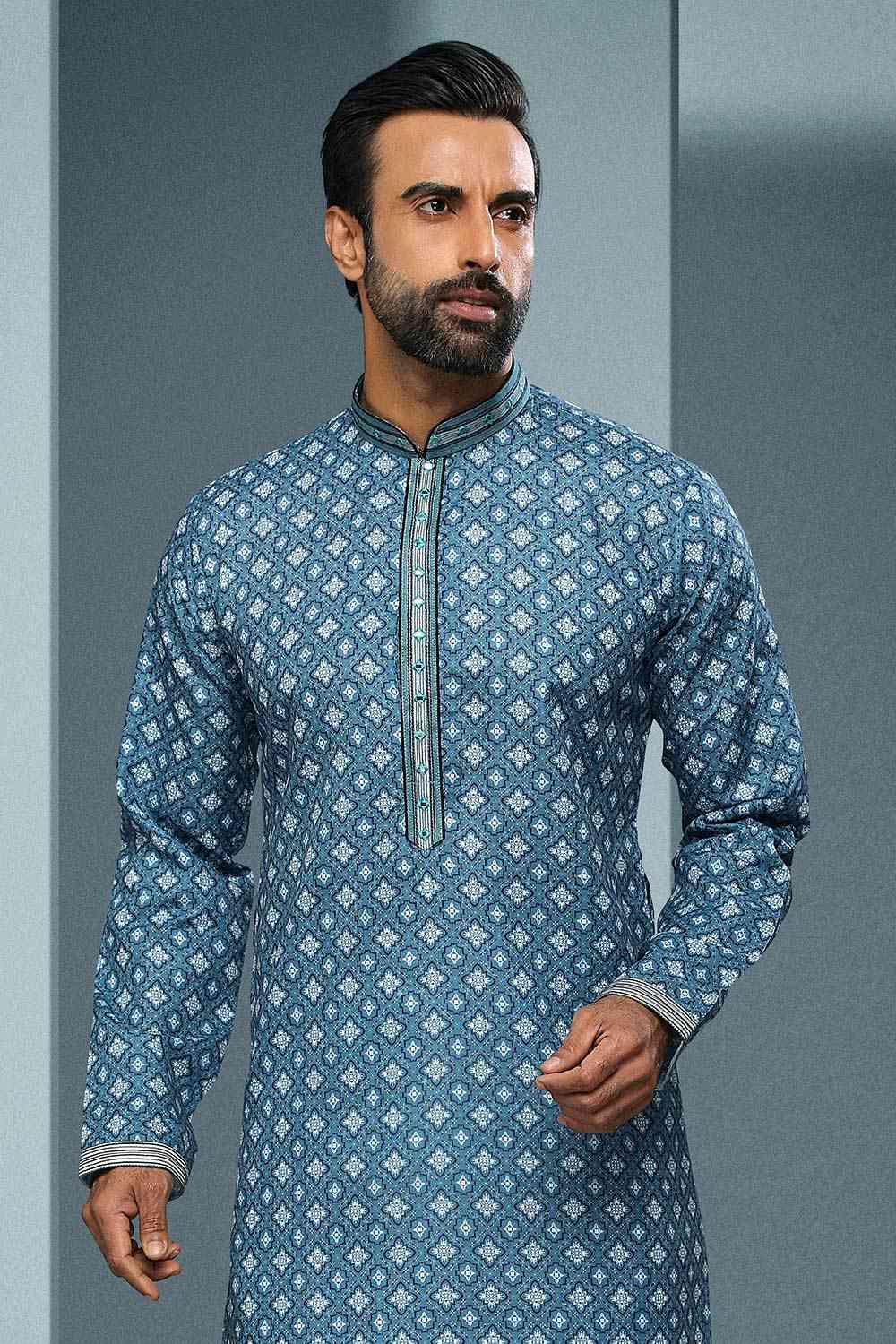 Buy Blue Silk Embroidered Kurta Pajama Online - Karmaplace
