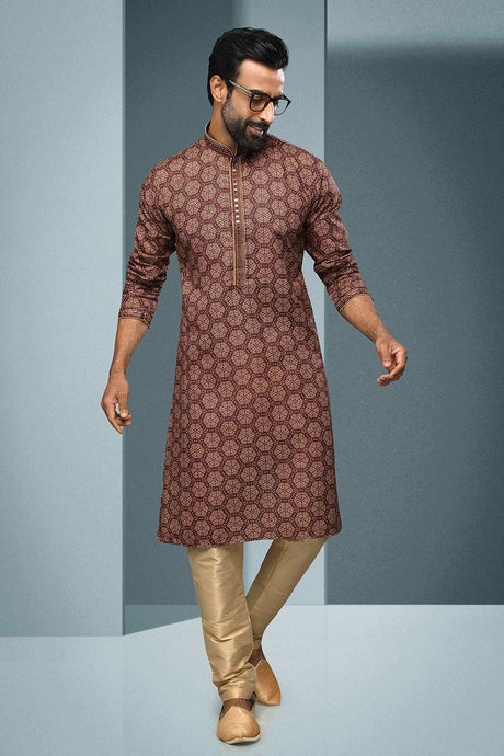 Buy Brown Silk Embroidered Kurta Pajama Online - Karmaplace