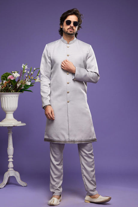 Grey Banarasi Silk Thread Work Indo Western Dress