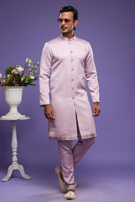 Onion Pink Banarasi Silk Thread Work Indo Western Dress