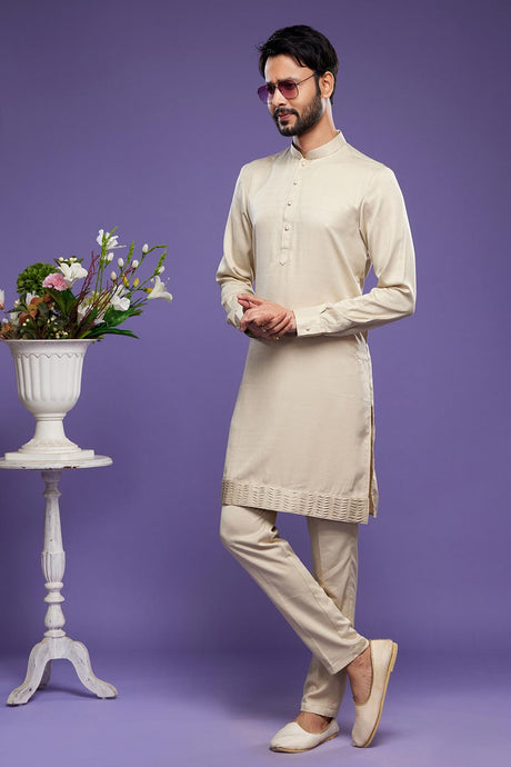 Beige Banarasi Silk Thread Work Kurta Pyjama