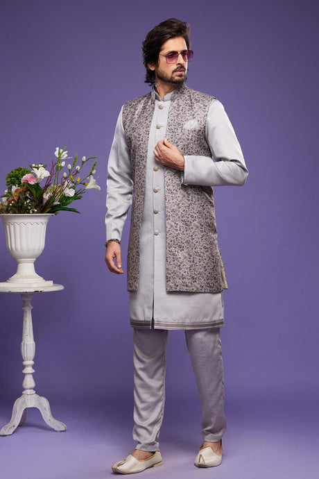 Grey Art Silk Printed 3 Pcs Indo Jacket Set