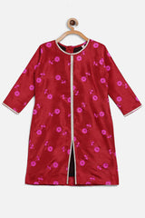 Girl's Poly Silk Floral Printed Suit Set in Red