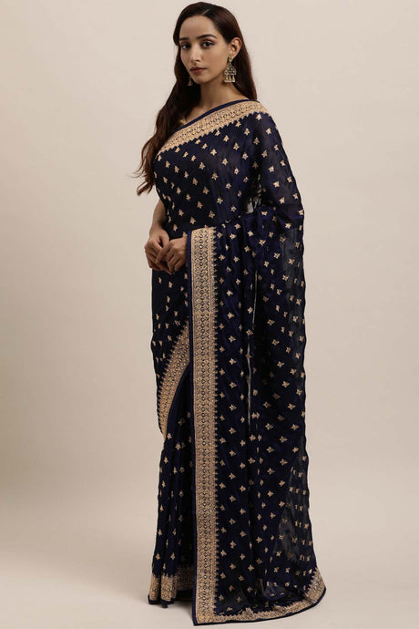 Rangoli Zari Embroidered Saree In Navy Blue