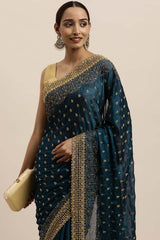 Rangoli Zari Embroidered Saree in Petrol Blue