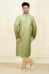 Men's Green Slub Silk Kurta Pyjama Set