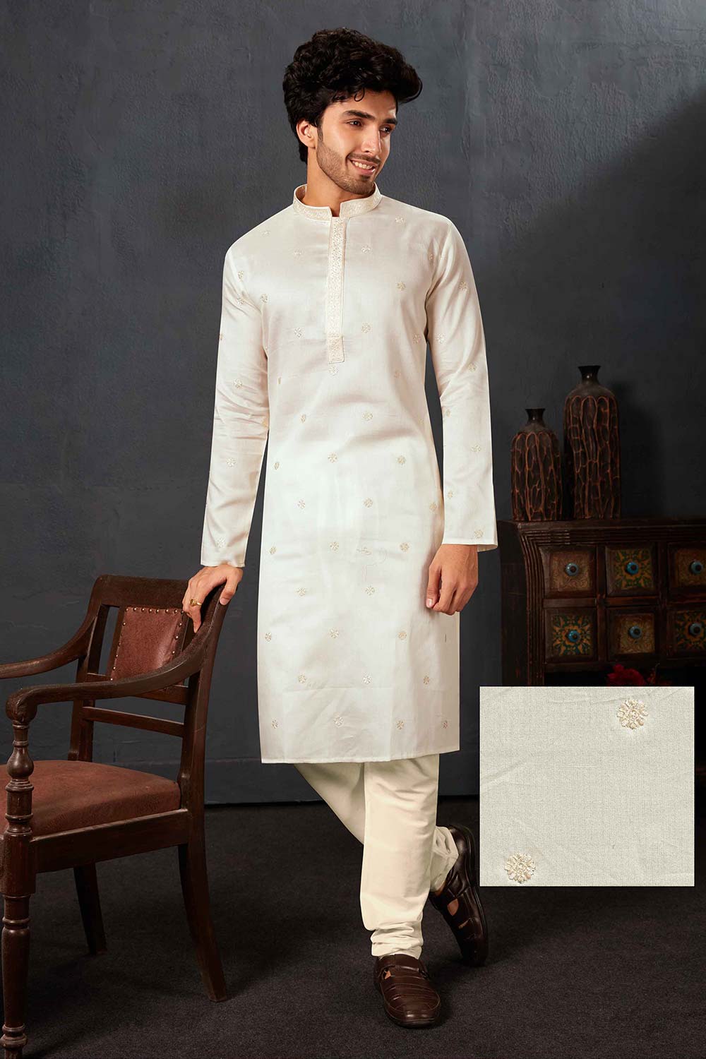 Men's Off-White Cotton Kurta Pyjama Set
