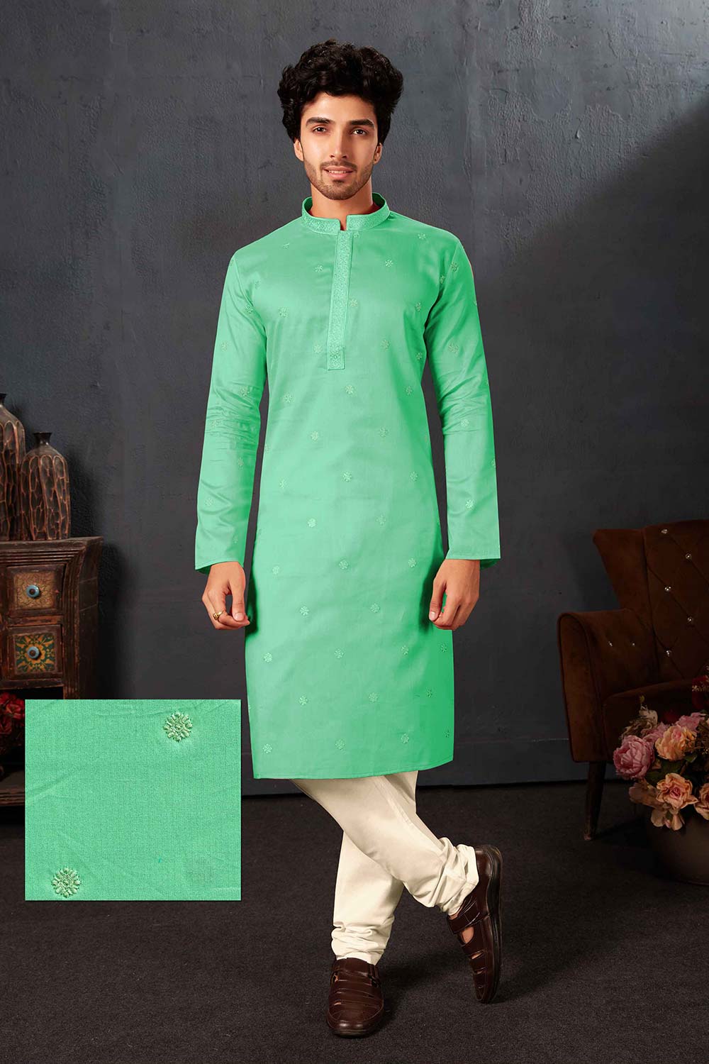Men's Green Cotton Kurta Pyjama Set