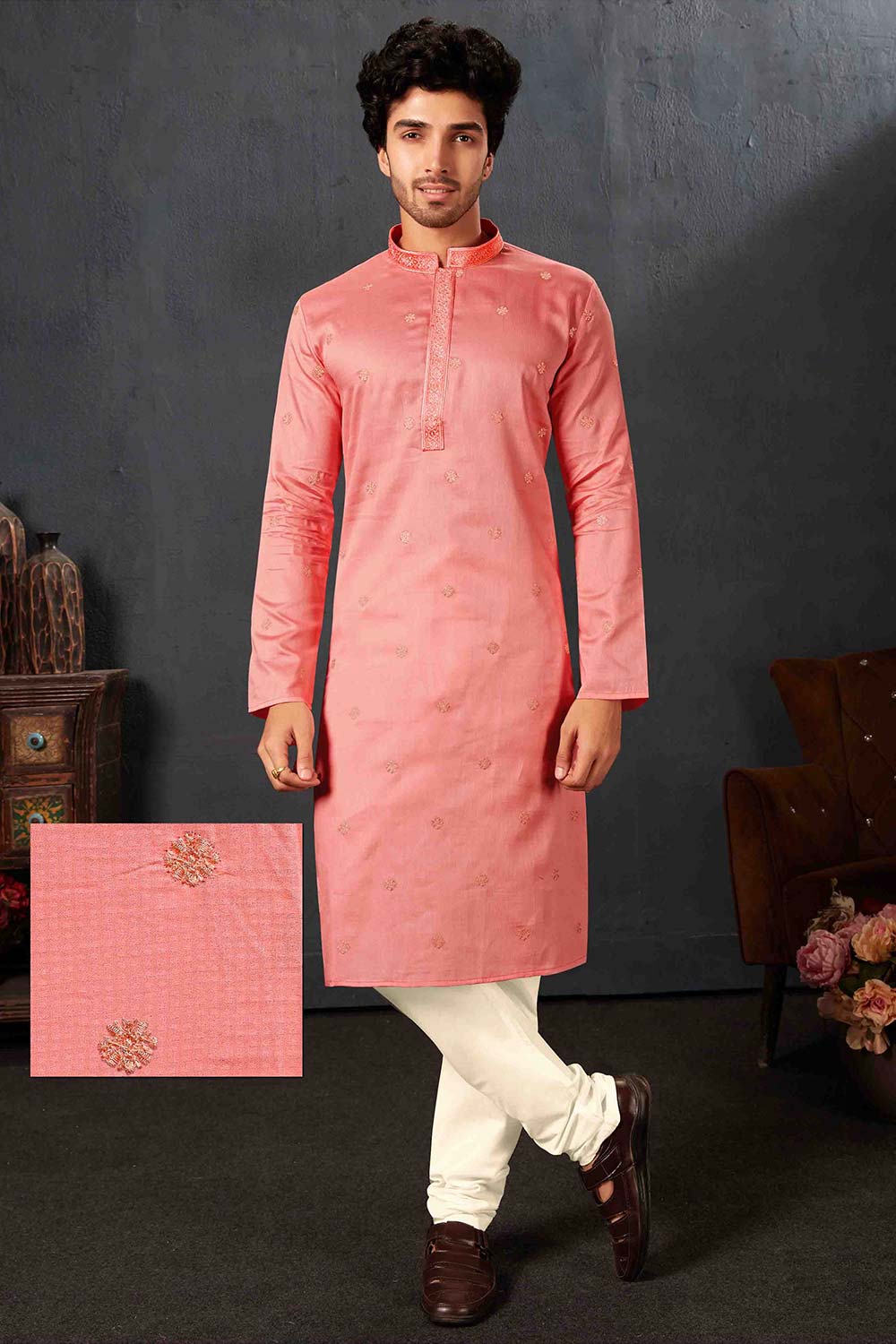 Men's Pink Cotton Kurta Pyjama Set