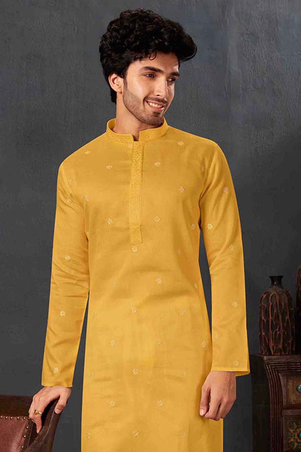 Men's Mustard Cotton Kurta Pyjama Set