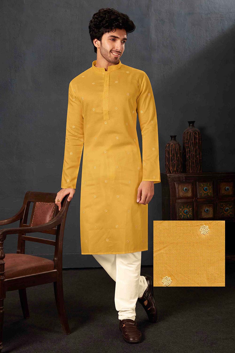 Men's Mustard Cotton Kurta Pyjama Set