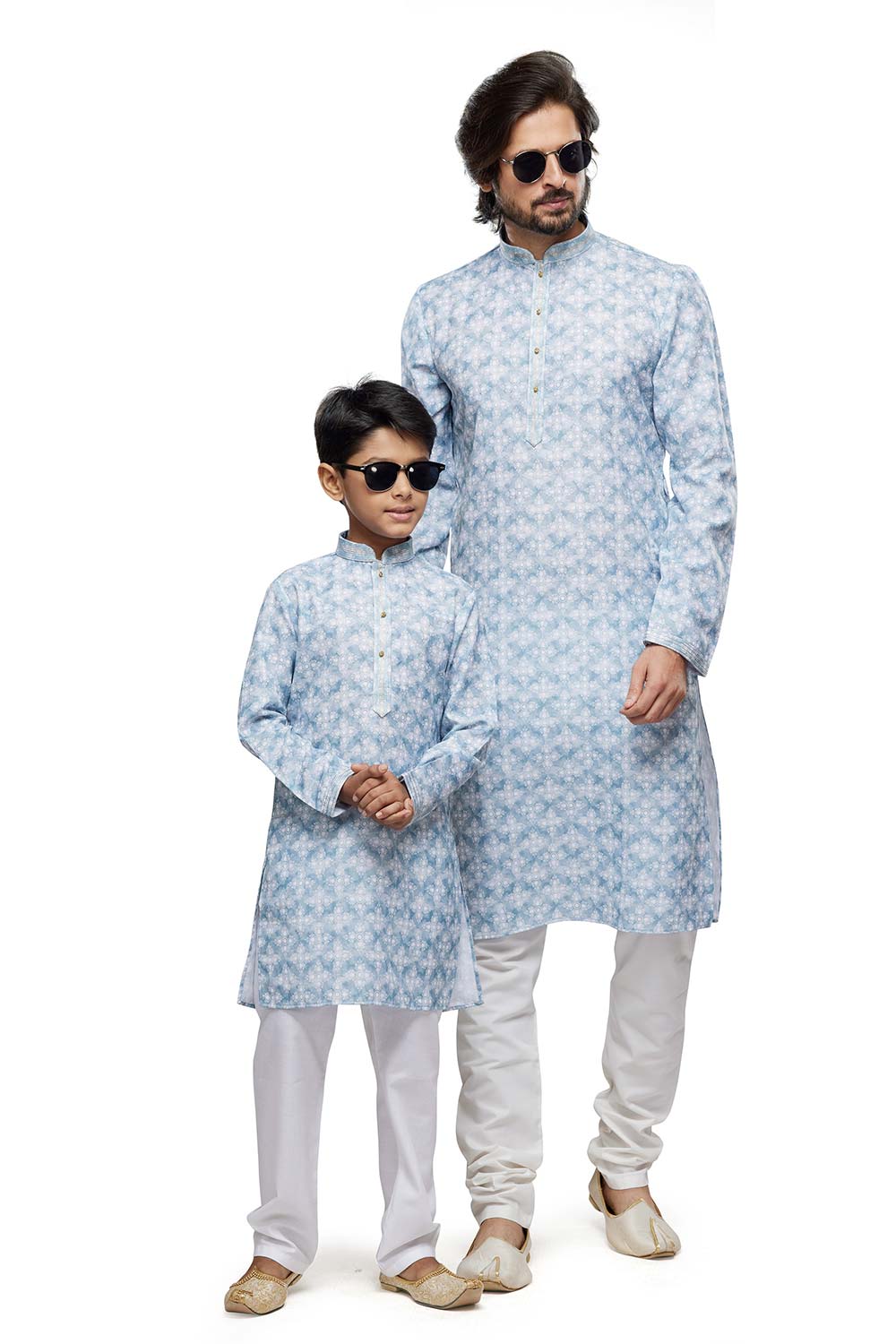 Men's Sky Blue Digital Print Cotton Kurta Pajama Set