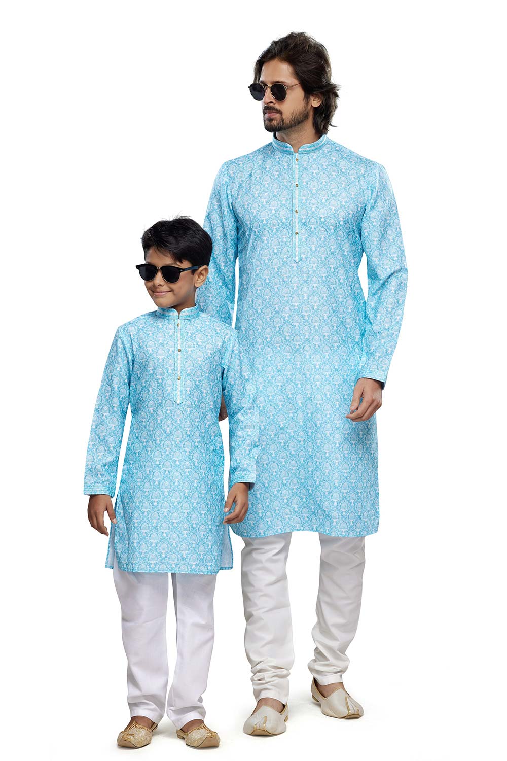 Men's & Boy's Aqua Blue Digital Print Cotton Kurta Pyjama Sibling Set