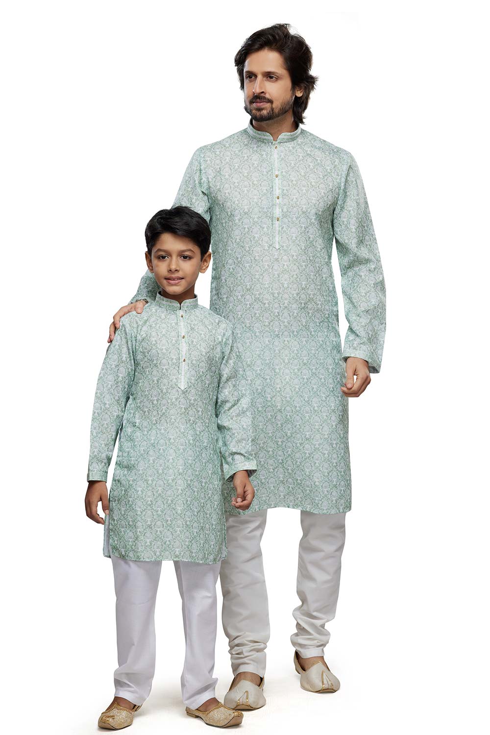 Boy's Sea Green Digital Print Cotton Kurta Pyjama Set