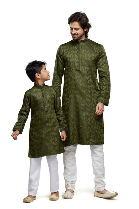 Men's Mehandi Self Printed Art Silk Kurta Pajama Set