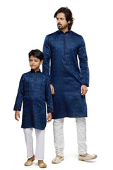 Boy's Navy Blue Self Printed Art Silk Kurta Pyjama Set