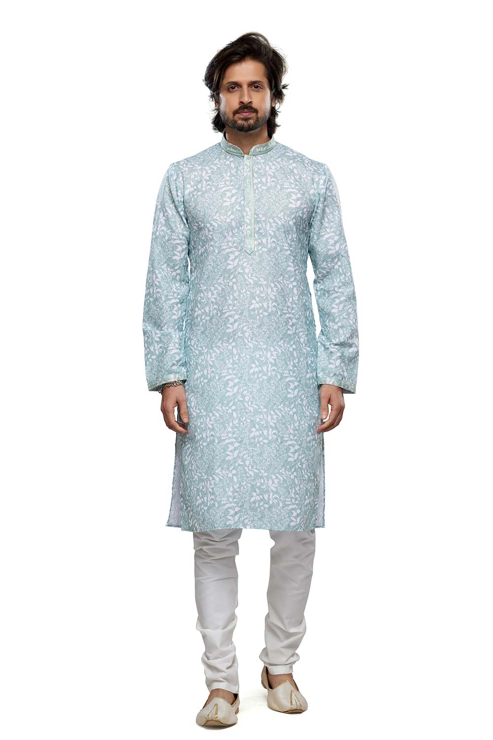 Boy's Light Blue Digital Print Cotton Kurta Pajama Set