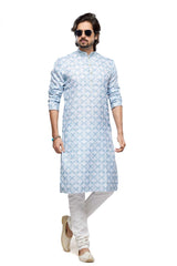 Men's Sky Blue Digital Print Cotton Kurta Pajama Set