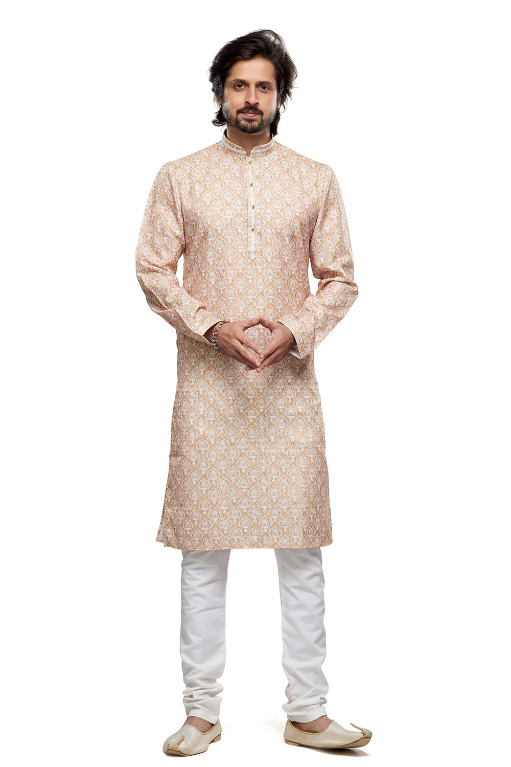 Men's Beige Digital Print Cotton Kurta Pajama Set