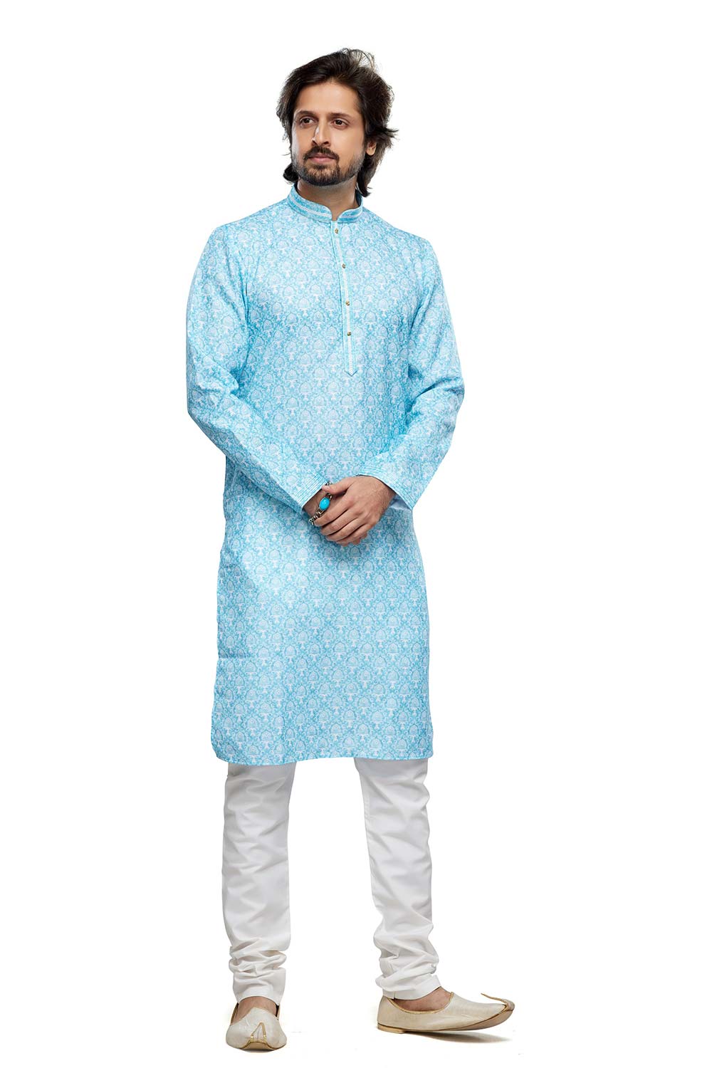 Men's Aqua Blue Digital Print Cotton Kurta Pyjama Set
