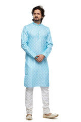 Men's Aqua Blue Digital Print Cotton Kurta Pyjama Set