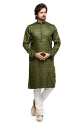 Men's Mehandi Self Printed Art Silk Kurta Pajama Set