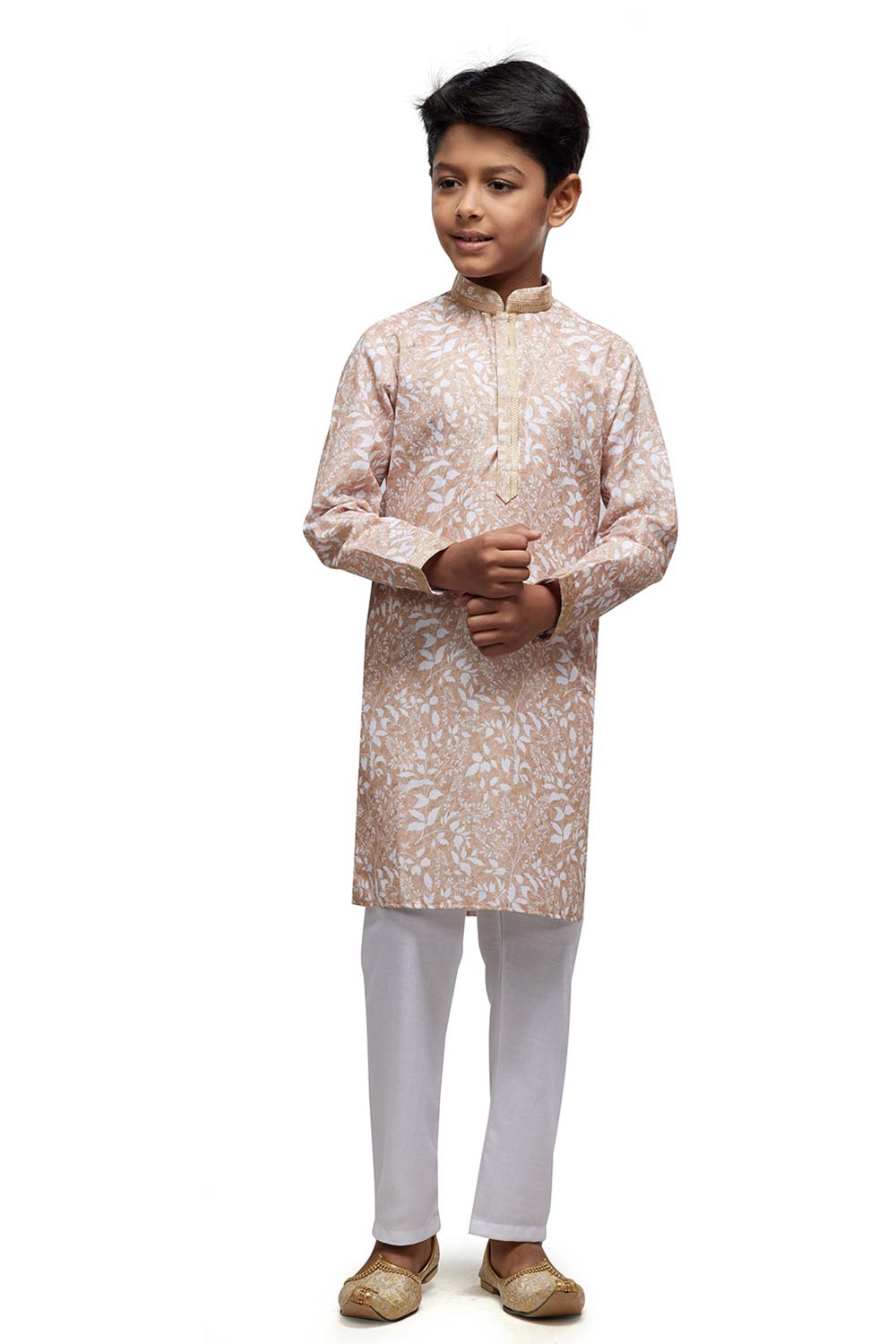 Boy's Beige Digital Print Cotton Kurta Pajama Set