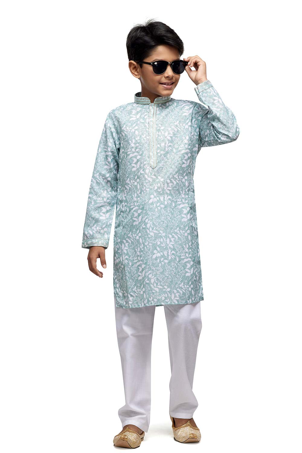 Boy's Light Blue Digital Print Cotton Kurta Pajama Set