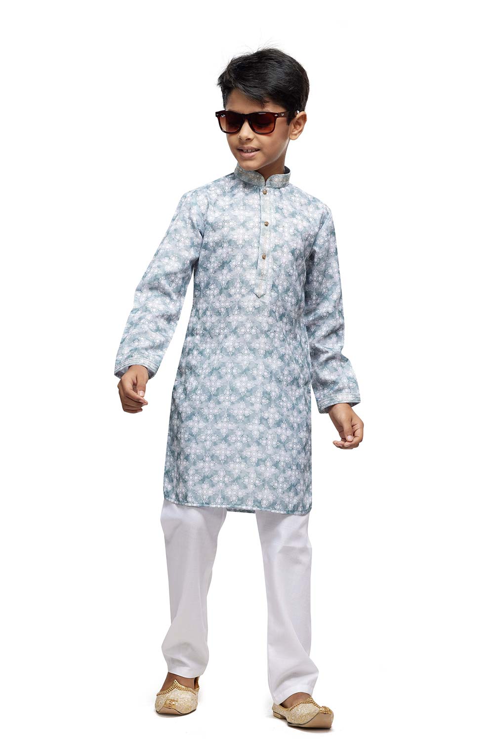 Boy's Gray Digital Print Cotton Kurta Pajama Set