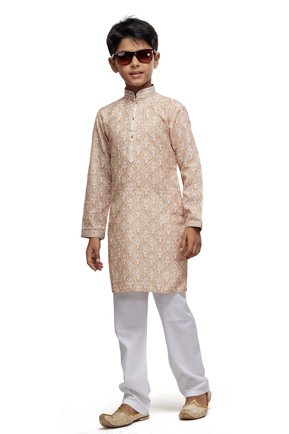 Men's Beige Digital Print Cotton Kurta Pajama Set