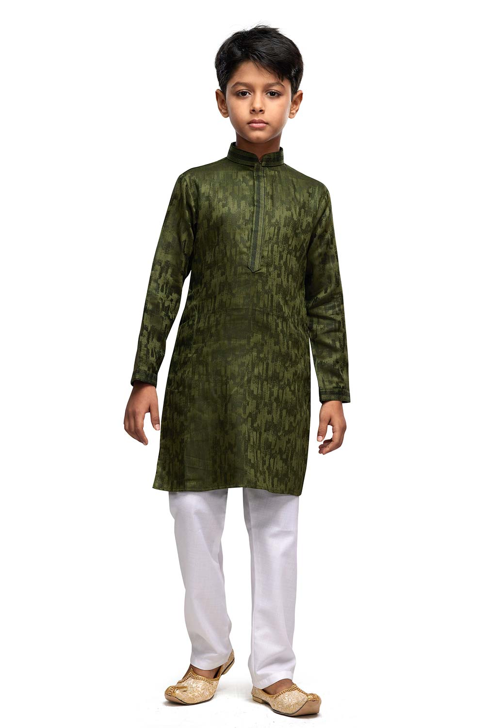 Men's Mehandi Self Printed Art Silk Kurta Pajama Set