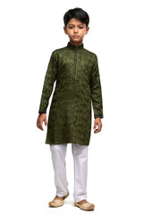 Men's Mehandi Self Printed Art Silk Kurta Pajama Set