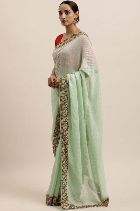 Georgette Sequin Embroidered Saree In Sea Green