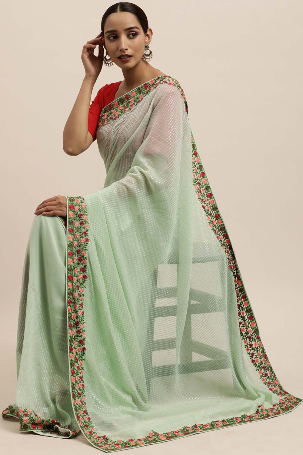 Georgette Sequin Embroidered Saree In Sea Green